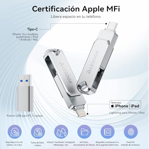 LESOGE MFi 256GB USB C Flash Drive for iPhone and Android, iPhone 3 in 1 External Memory Stick, USB 3.0 Flash Drive, USB-C Pendrive for Photos and Videos (Silver)