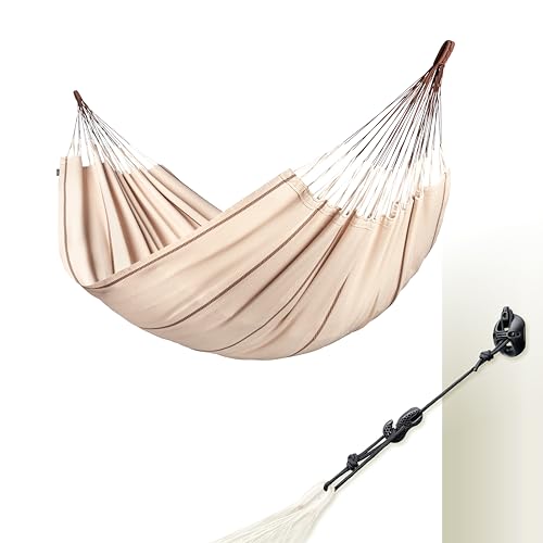LA SIESTA® Modesta Organic Cotton Hammock & Wall Mount Kit for Walls Ceilings & Square Beams - Indoor Outdoor Hammock Swing, Portable Hammock for Outside Patio Bed - 2 Person Hammock, XL King, Nougat