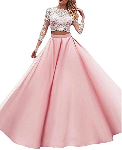Elleybuy Women's Two Piece Lace Prom Dresses 2018 Long Sleeves Formal Evening Dresses US8
