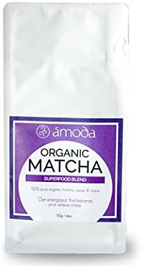 MACA POWDER + MATCHA POWDER + CACAO POWDER - Matcha Superfood by Amoda. A uplifting blend to manage stress, boost immunity & mood. A balancing and delicious adaptogenic latte & smoothie powder. 8oz