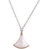 DIAMANTIO 18K Gold Plated Shell Fan Pendant Necklace with Cubic Zirconia Accent – Elegant Mother of Pearl Charm Statement Jewelry