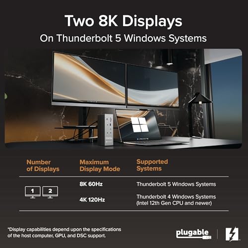 Plugable Thunderbolt 5 Dock: 16-in-1, Dual HDMI 2.1 Up to 8K 60Hz / 4K 144Hz, 140W Laptop Charging, 2.5GbE, Fanless, Driverless TAA Compliant Docking Station for MacBook Pro/Air & Windows (TBT-UDH2)