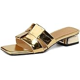 ENJGU Women'S Patent Leather Braid Chunky Heeled Summer Slides Sandals, Simple Fashionable Square Open Toe Low Block Heel Dress Sandals, Comfortable Beach Walking Party Slippers