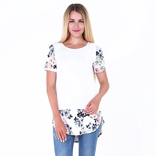 Floral Print White Short Sleeve T Shirt Loose Blouse Casual Tunic Tops Plus Size XL