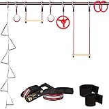 Ninja Warrior Training Equipment for Kids - 65 ft Slackline Obstacle Course with 8 Obstacles: Monkey Bars, Fitness Gymnastic Rings, Climbing Rope Ladder, Spinning Wheel | Backyard Playground Swingset