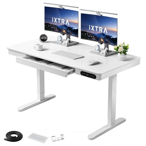 IXTRA Standing Desk with Drawer 140x60cm Whole Piece Tabletop Electric Standing Desk Height Adjustable Desk with USB Charging Ports Sit Stand Desk with Storage for Home & Office White