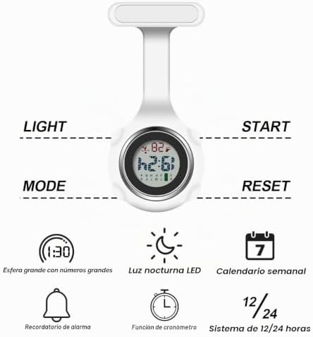 Reloj Bolsillo Enfermera, Reloj Enfermera Digital Multifuncional,Puede Cronometrarse y Usarse como Despertador,Reloj Silicona Prendedor de Broche,Regalos para Medicos Enfermeras Blanco