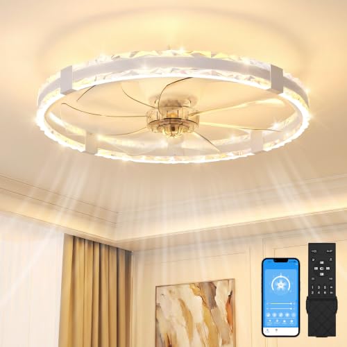 SUNKENET Ceiling Fans with Lights and Remote, 60cm LED Fan Ceiling Light, 3000K-6500K Dimmable Smart Ceiling Fan Light, 6 Wind Speeds & Reversible, White Queit Fan Light Ceiling for Bedroom