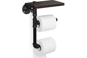 Industrial Toilet Paper Holder with Shelf, Wall Mounted 2-Roll Rustic Tissue Holder with Wooden Shelf, Cast Iron Pipe Bathroo