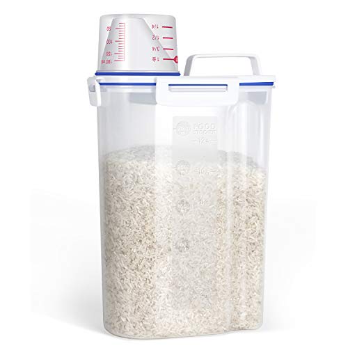 Rice Storage Container - Cereal Container Bin with Pour Spout + Measuring Cup + Airtight Sealed Lid + 5 lb Capacity - Grain Container Dispenser for Kitchen Storage Organization