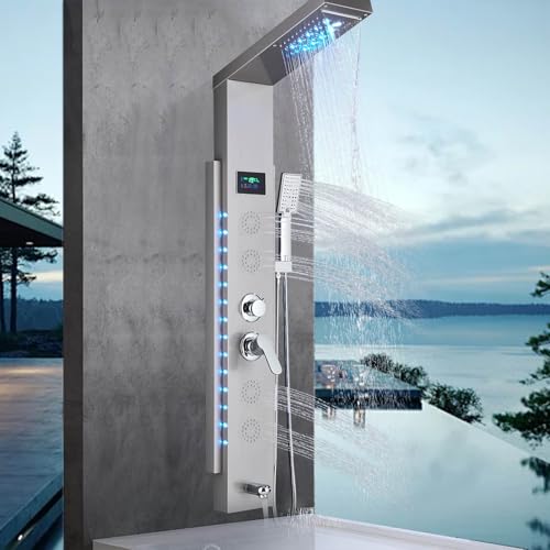 Panel de Ducha con Grifo para Bañera y Hidromasaje LED - Kit Completo en Acero Inoxidable Antical, 5 Funciones (Cabezal Fijo, Ducha de Mano, Caño), Fácil Instalación