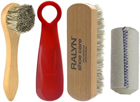Travel Shoe Shine Kit. Light Bristle 100% Horsehair Brush & Dauber. Shoe Shine cloth. 5.5 In. Shoe Horn.