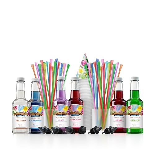 Hawaiian Shaved Ice Syrup Assortment with 6 - 16oz Bottles, 50 Snow