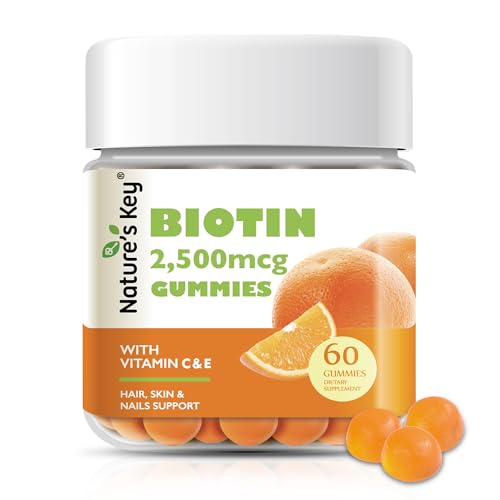 NATURE’S KEY BIOTIN GUMMIES WITH VITAMIN C AND E, SUPPORT HAIR NAILS GROWTH & BEAUTIFUL SKIN FOR WOMEN MEN AND KIDS, VEGAN, ORANGE FLAVORS 60 COUNT