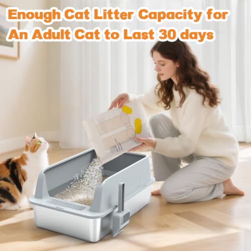 Vivifying Stainless Steel Cat Litter Tray, XL Stainless Steel Cat Litter Box Easy to Clean and Odour-Resistant with Scoop for Cats up to 8.2kg (Light Grey)