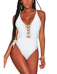 Qinsen traje de baño de una sola pieza con cuello en V sexy con cordones, de talle alto, para mujer