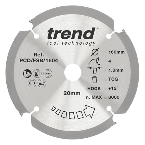 Trend Lame de Scie Circulaire pour Fibre de Ciment PCD, 250 mm de Diamètre, 30 mm d'Alésage, 6 Dents, 2,4 mm de Trait de Scie, +12° Crochet, PCD/FSB/2506