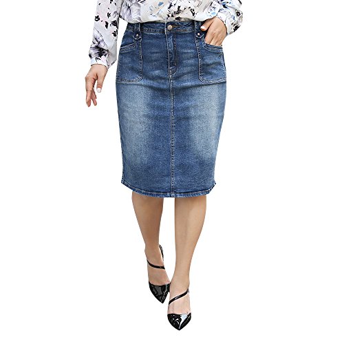 high rise denim pencil skirt