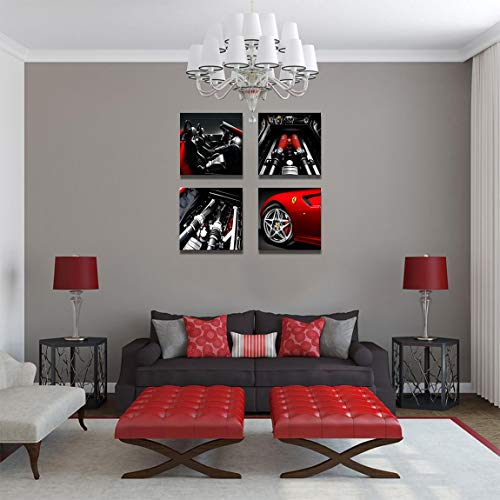 Wall Decorations for Living Room Decor for Men Black and White Wall Art Red Car Decor Ferrari Engine Feature Boy Room Decor Car Posters Home Decorations 4 Piece Framed Canvas Wall Art