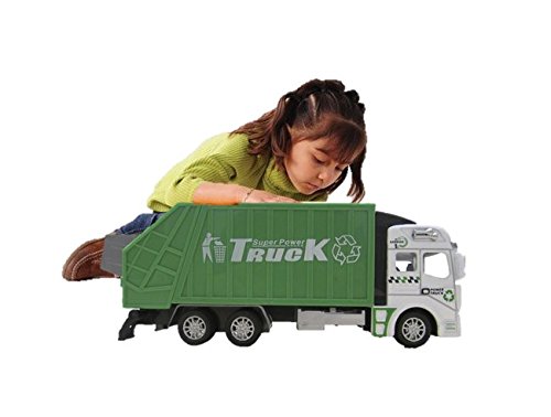 Toy Cubby 7.5 Inch Realistic Garbage Recycling Truck with Attached Trash Can - Openable Trash Pullback action Green & White Vehicle.