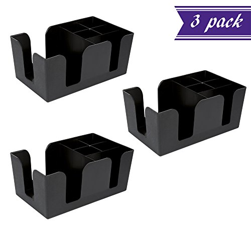 (Set of 3) Black Bar Caddy with 6 Compartment, 10" x 6" x 4" Plastic Bar Organizer Holds Napkins, Toothpicks, Straws, Bar Accessories by Tezzorio