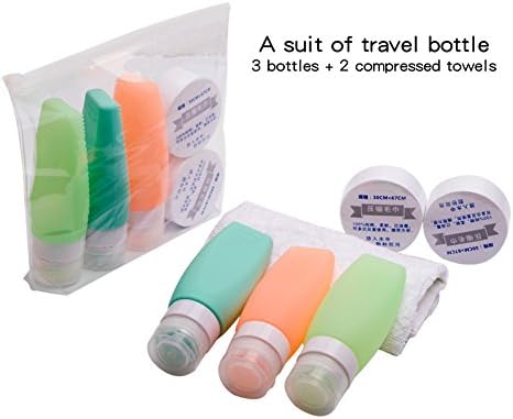 Abo Silicone Travel Bottle Set TSA Approved Set of 3 Portable Leak Proof Travel Containers Perfect for Shampoo Conditioner Lotion Toiletries 2.5 Oz, Equipped with 2PC Compressed Towels