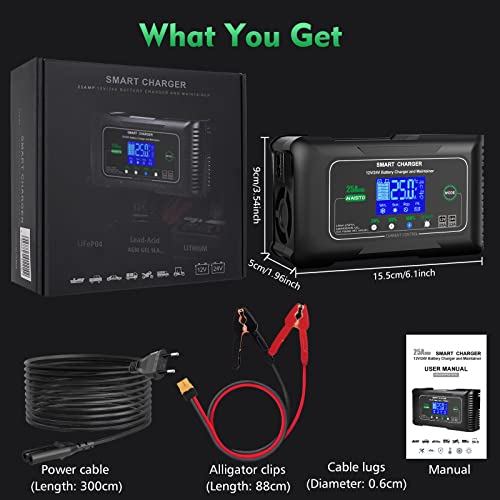 Haisito Car Battery Charger 12 V/24 V 25 A, Fast Intelligent Car and Motorcycle Battery Charger, Portable Charger and Maintainer of Lithium Battery, LiFePO4, Lead (AGM, EFB, Gel, MF, VRLA, etc.)
