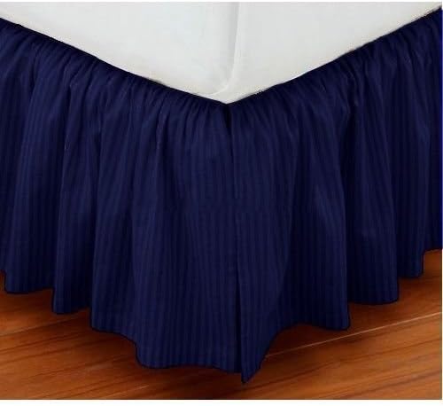 Vedanta Home Collection Hotel Quality 700-Thread-Count Egyptian Cotton Queen Size One Piece Dust Ruffle Bed Skirt 16 Inch Drop Length Navy Blue Striped