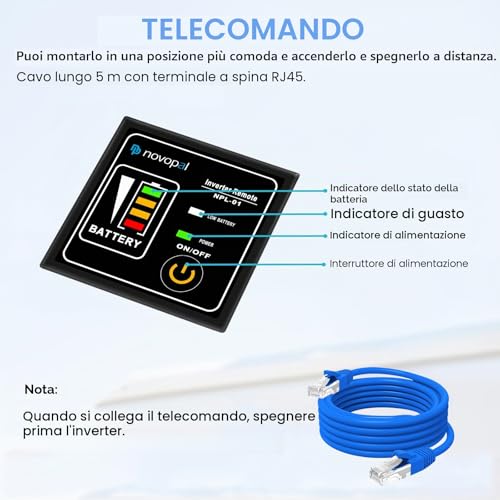 Novopal Power Inverter Pure Sine Wave 1500 W 3000 W Power Transformer Converter DC 12 V to AC 220 V 230 V Voltage Inverter, 2 EU Socket with USB Output 5 M Remote Control
