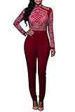 Pink Queen Women Sexy Night Club Jumpsuit Wine Red Long Pants Rompers Overalls,Wine Red,Medium