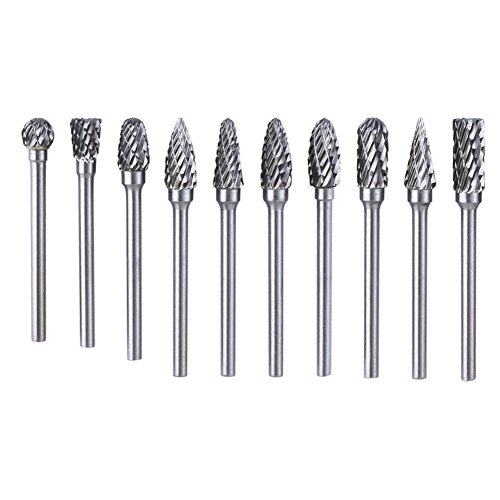 VCCA 10PCS Tungsten Carbide Double Cut Rotary Burr Set with 1/8 Inch Shank 1/4 Inch Head for Die Grinder Drill, Metal Carving, Engraving