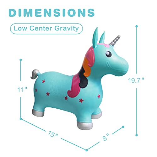 HotMax Bouncy Horse, Blue Unicorn Bouncer, Inflatable Plush Bouncy Animals Hopper for Toddlers