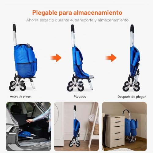 Carro de Compra Plegable 36 L Carro para Subir Escaleras con 6 Ruedas 445x375x990 mm Bolsa de Almacenamiento de Tela Oxford para Compras, Oficina, Mudanzas, Transporte, Exteriores, Lavandería