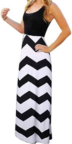 Chuangxiangt Womens Fashion Casual Sleeveless Scoop Neck Wave Striped Tank Maxi Long Dress (XXL, Black+White)