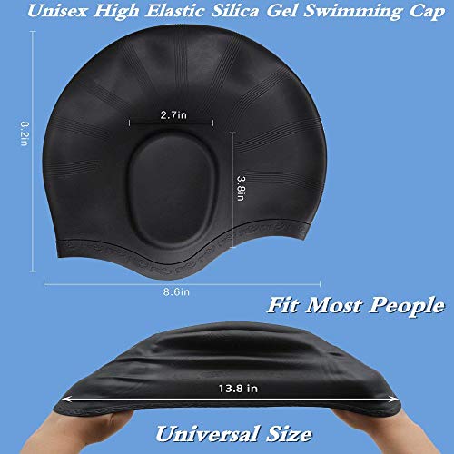 Hurdilen Swim Cap, Premium Silicone Swimming Cap with Earplugs & Nose Clips,3D Ergonomic Design Ear Pockets,Flexible Reversible for Adults Women Men (Black)