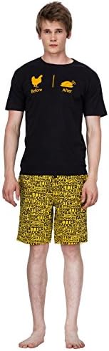 Nuteez Shorts &amp; Tee Loungewear Set For Men 100% Cotton Black &amp; Yellow