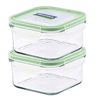 GLASSLOCK (2X MCSB-049, 2X 490ml Viereckige Vorratsdosen aus temperiertem Glas - Mikrowellen Typ