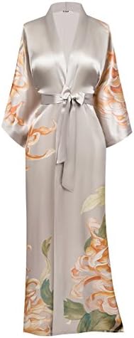 SUMI Women's Washable Silk Kimono Robe Long - Floral Print (Kiku- Willow)
