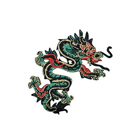 Small - Dragon - Facing Right - Green/Red - Iron on Applique/Embroidered Patch