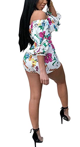 Deloreva Women Sexy One Piece Romper Outfits Pull Sleeve Floral Print Off Shoulder Short Jumpsuit Pants Set White M