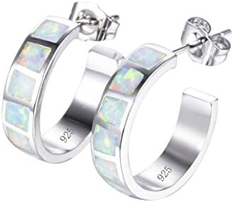 925 sterling Silver Hoop Earring,,Blue and White Opal Stud Hoop Wedding Earring For Girls(White)