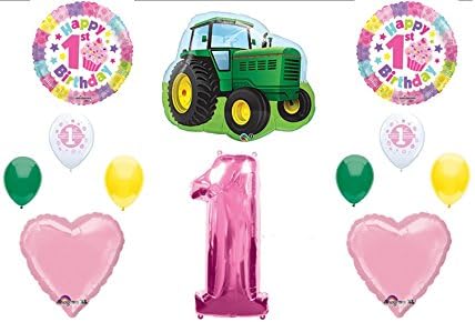 FIRST 1st BIRTHDAY party BALLOON set GIRL new TRACTOR green PINK baby like JOHN DEERE