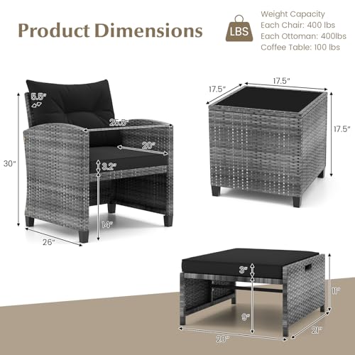 Tangkula 5 Piece Patio Rattan Furniture, Wicker Cushioned Chairs Set with 2 Ottomans & Tempered Glass Coffee Table, for Poolside, Backyard, Lawn, Deck