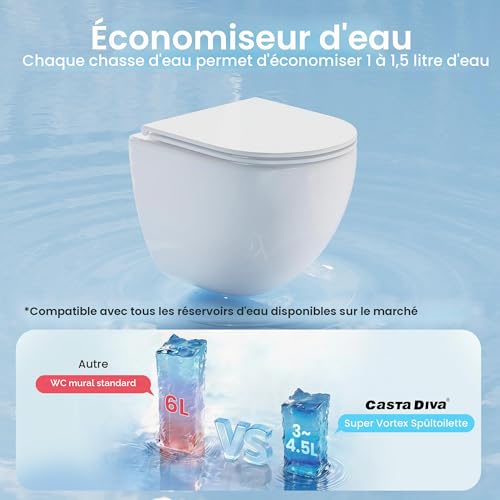 Casta Diva Suspended WC without Rinsing Edge, 360° Superspin Wall Toilet, UF Bowl, Completely Closed, Silent Soft-Close Seat, Dimensions 48.5 cm, Ideal for Bathroom and Guest Toilet