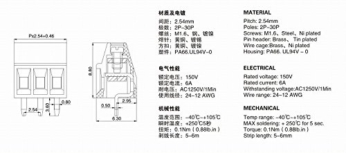 20pcs E-Simpo 2.54mm Pitch (0.1") PCB Screw Terminal Block, 2.54mm board to wire terminal connector, Rated 150V6A CE UL,Copper Material Rohs. (2.54mm 3P)