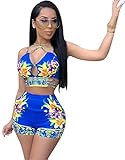 Recious Womens Sexy 2 Pieces Floral Printed Bandage Crop Tops Bodycon Shorts Party Clubwear Outfit Tracksuit Set