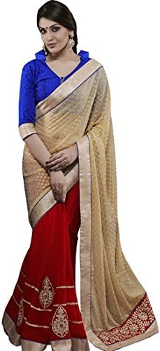 Fine Beige and Red Pure Chiffon Saree With Blouse Piece