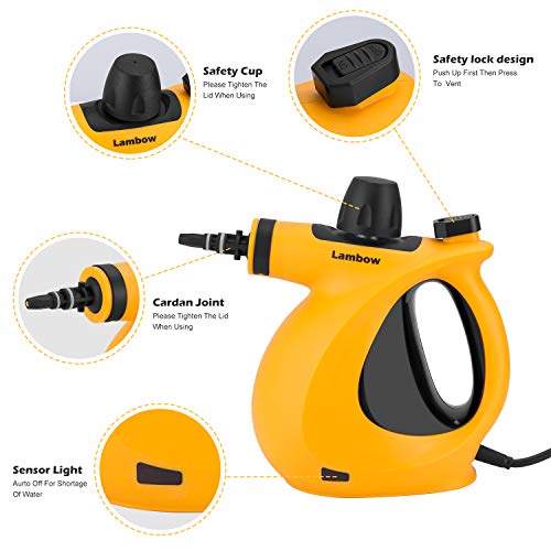 Lambow Handheld Pressurized Steam Cleaner with 9-Piece Accessory Set - Multi-Purpose and Multi-Surface All Natural, Chemical-Free Steam Cleaning for Home, Auto, Patio, More