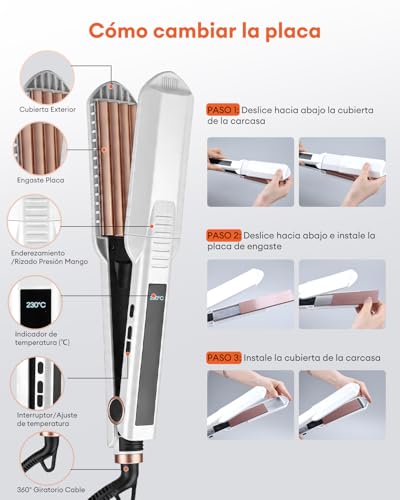 Planchas del Pelo Ceramic Crimp 3 in 1, Cerámica Anti-Estática, 6 Temperatura Ajustables 130-230 ℃, Calentamiento Instantáneo, Rizador Pelo Ondas Para Crear Volumen y Textura