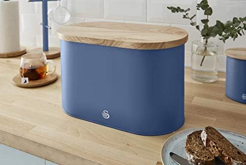 Swan Nordic Oval Bread Bin with Cutting Board Lid, Carbon Steel Body, Airtight Bamboo Lid, Blue - Image 5